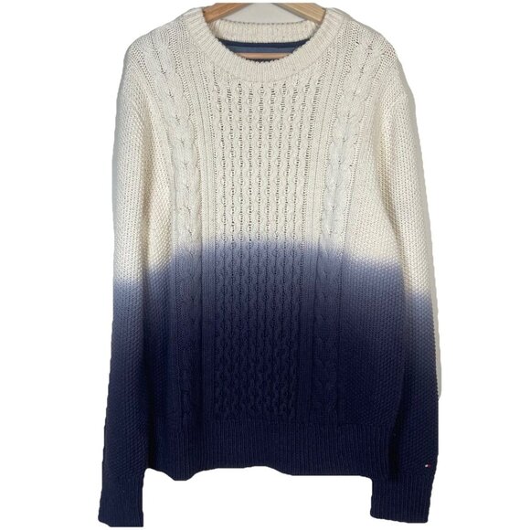 Tommy Hilfiger Men's L Dip-Dyed Fisherman Cable Knit Sweater Blue Ivory Preppy - Picture 1 of 9